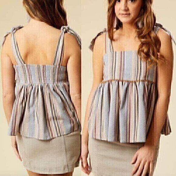 ALTAR'D STATE Ellery Top Blue Peach Multi Striped Tie Strap Peplum Tank Blouse S - Picture 1 of 12
